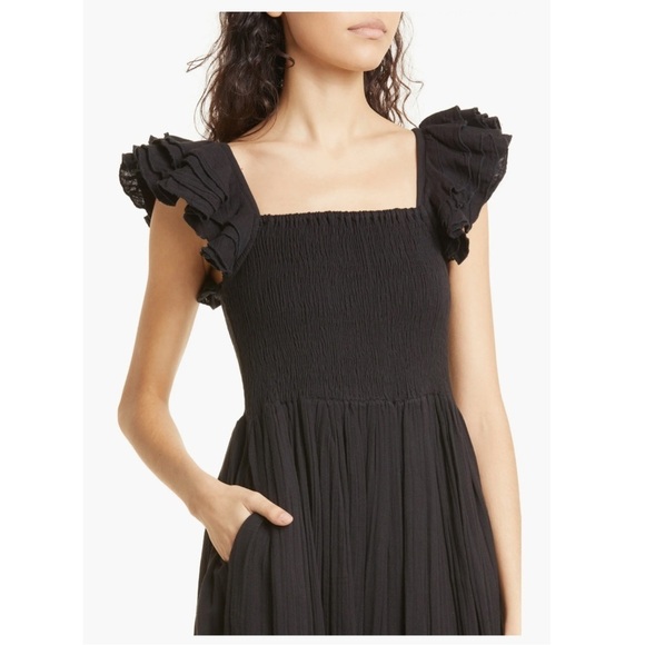 Mille Olympia Smocked Double Gauze Midi Dress Black - Picture 2 of 5